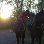 Couple kissing while on a trail ride